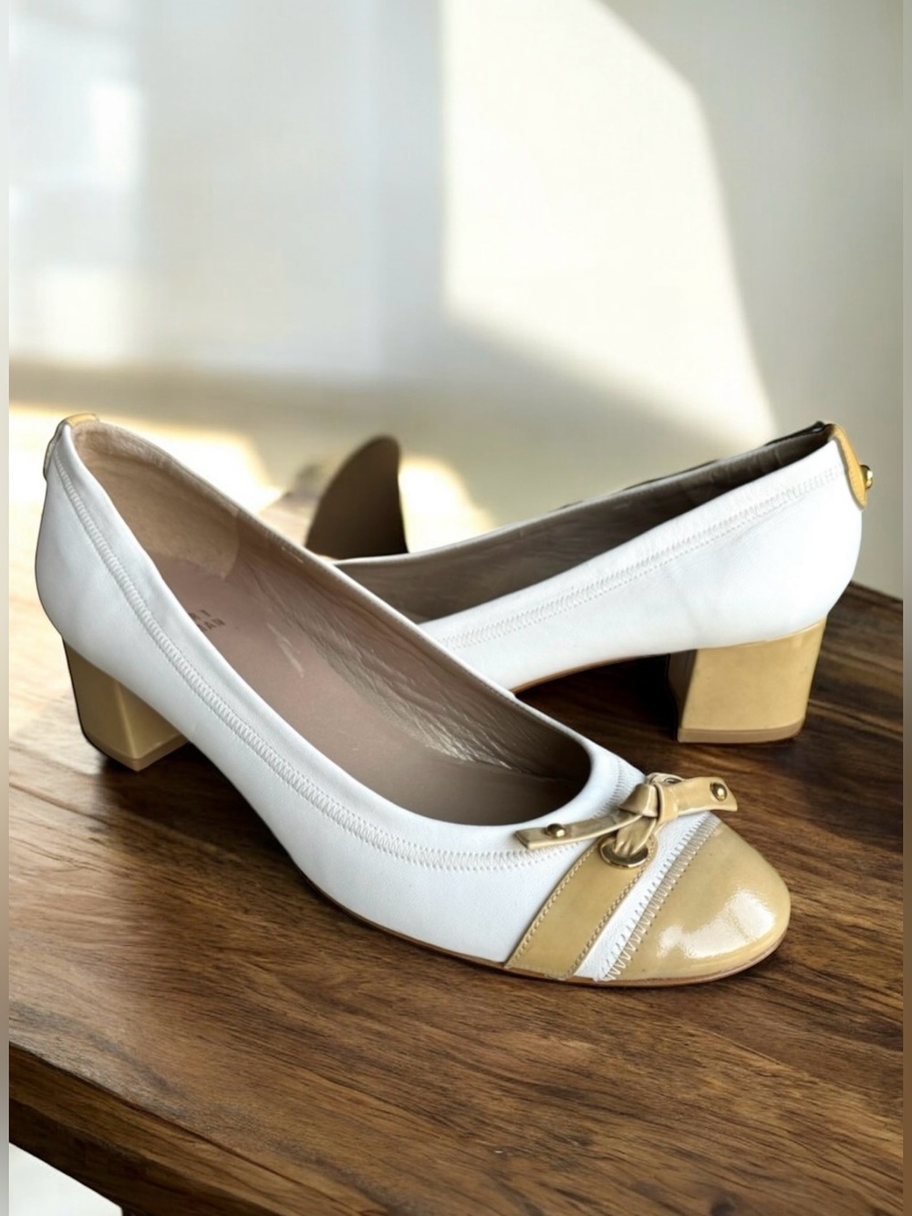Stuart Weitzman Patent Cap Toe Pumps Bow Detail White Leather